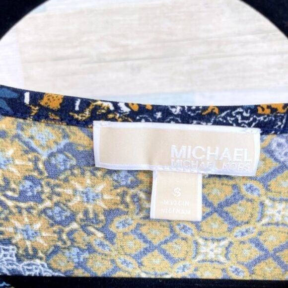 MICHAEL KORS Medallion Print Tiered Hem Dress Blue Yellow Stretch Womens Small - Picture 6 of 8